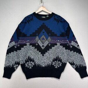 Vintage 90s Stefano Crewneck Sweater Mens‎ Large Aztec Print Chunky Knit